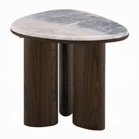 Sima Side End Table, 22 Inch White Marble Top with 3 Leg, Brown Wood - BM351800