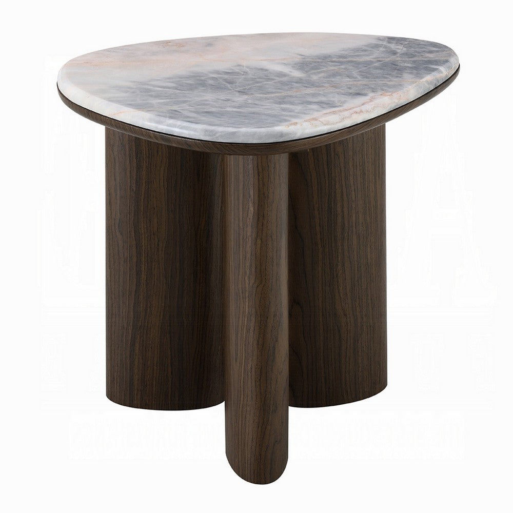 Sima Side End Table, 22 Inch White Marble Top with 3 Leg, Brown Wood - BM351800