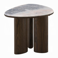 Sima Side End Table, 22 Inch White Marble Top with 3 Leg, Brown Wood - BM351800