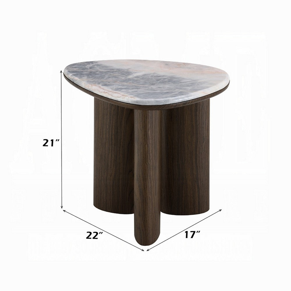 Sima Side End Table, 22 Inch White Marble Top with 3 Leg, Brown Wood - BM351800