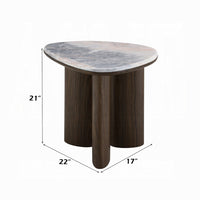 Sima Side End Table, 22 Inch White Marble Top with 3 Leg, Brown Wood - BM351800
