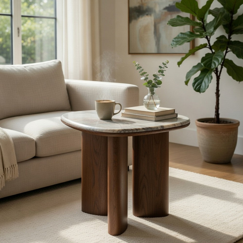 Sima Side End Table, 22 Inch White Marble Top with 3 Leg, Brown Wood - BM351800