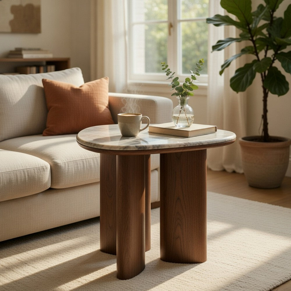 Sima Side End Table, 22 Inch White Marble Top with 3 Leg, Brown Wood - BM351800