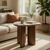 Sima Side End Table, 22 Inch White Marble Top with 3 Leg, Brown Wood - BM351800