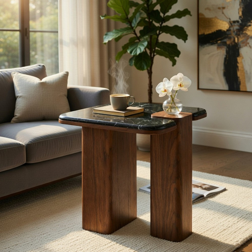 Pima Side End Table, 16 Inch Black Marble Top, Dark Walnut Brown Base - BM351801
