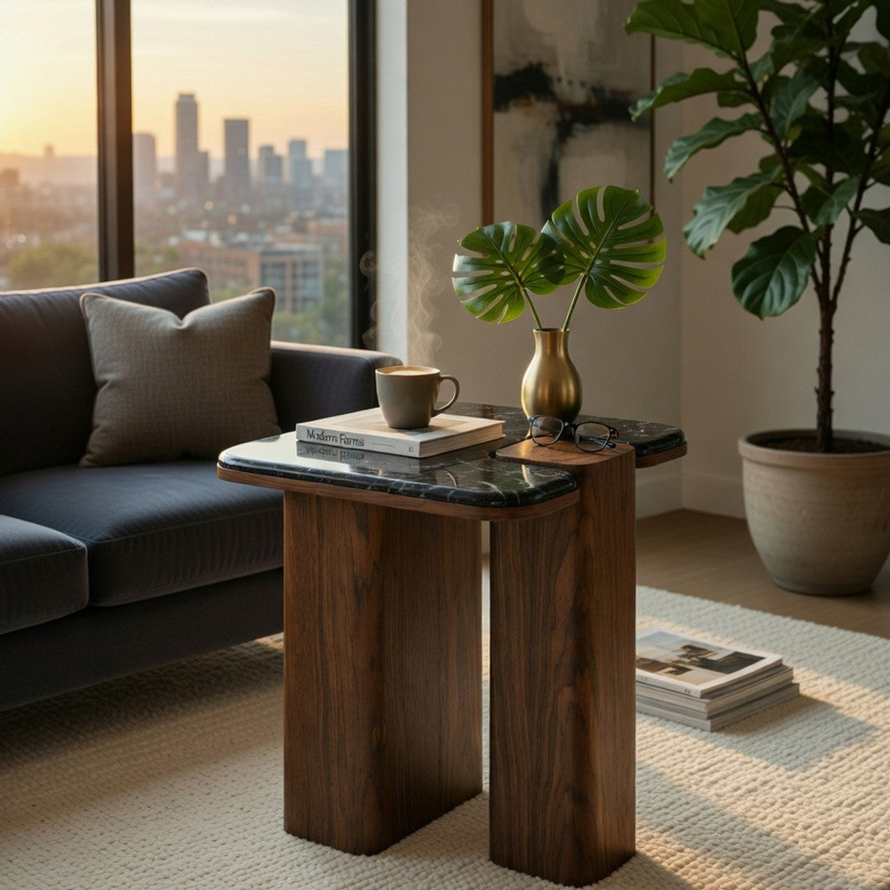 Pima Side End Table, 16 Inch Black Marble Top, Dark Walnut Brown Base - BM351801