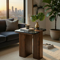 Pima Side End Table, 16 Inch Black Marble Top, Dark Walnut Brown Base - BM351801