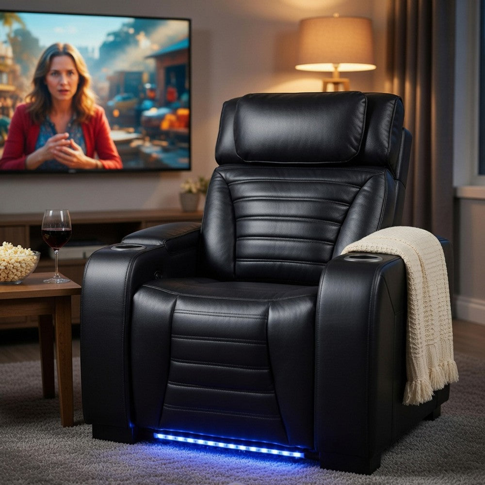 Pera Power Glider Recliner Chair with LED, USB Console, Black Faux Leather - BM351804