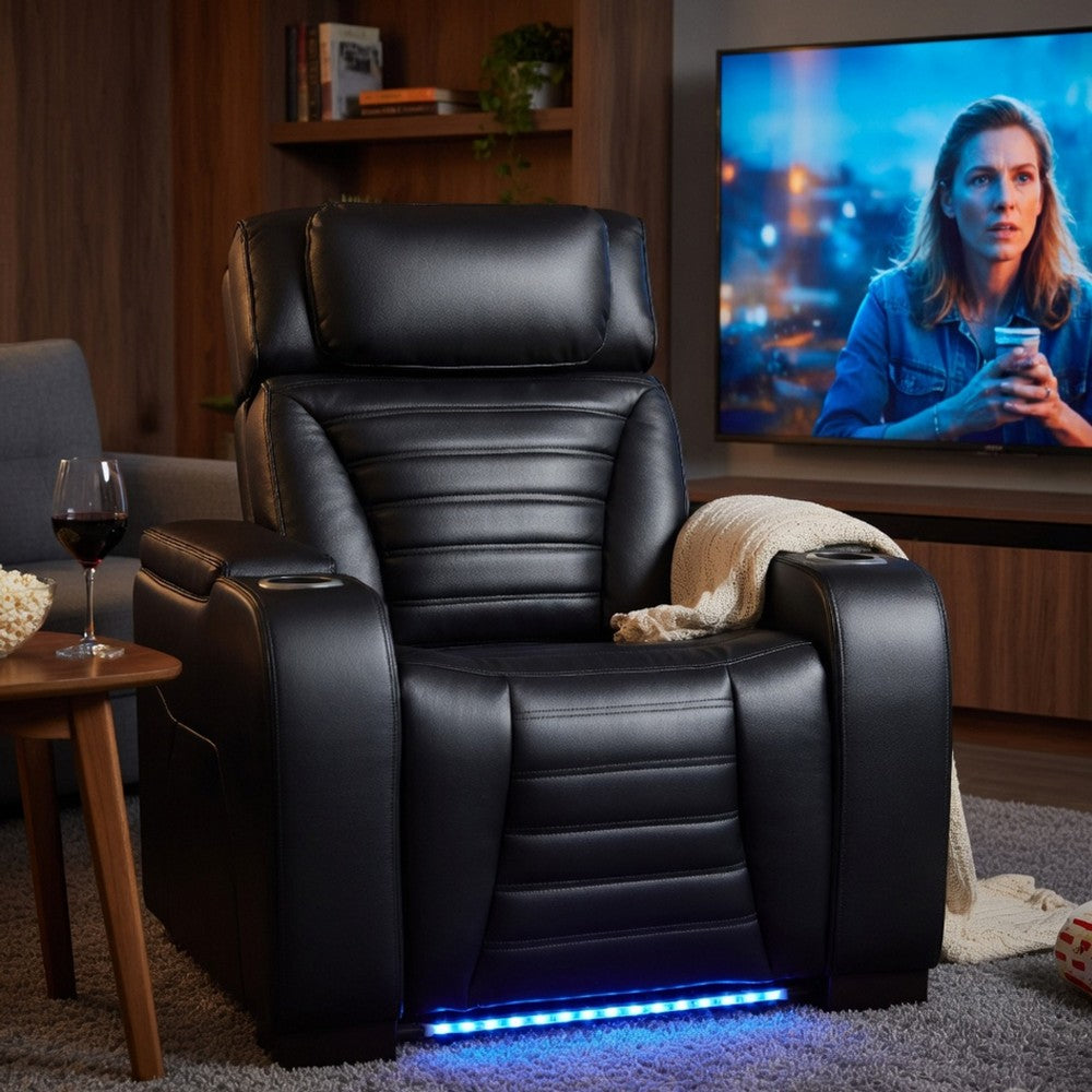 Pera Power Glider Recliner Chair with LED, USB Console, Black Faux Leather - BM351804