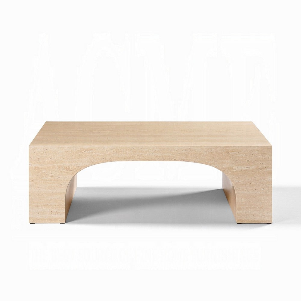 Pia Coffee Table, 48 Inch Scandi Travertine Top, Natural Brown Arch Base - BM351805