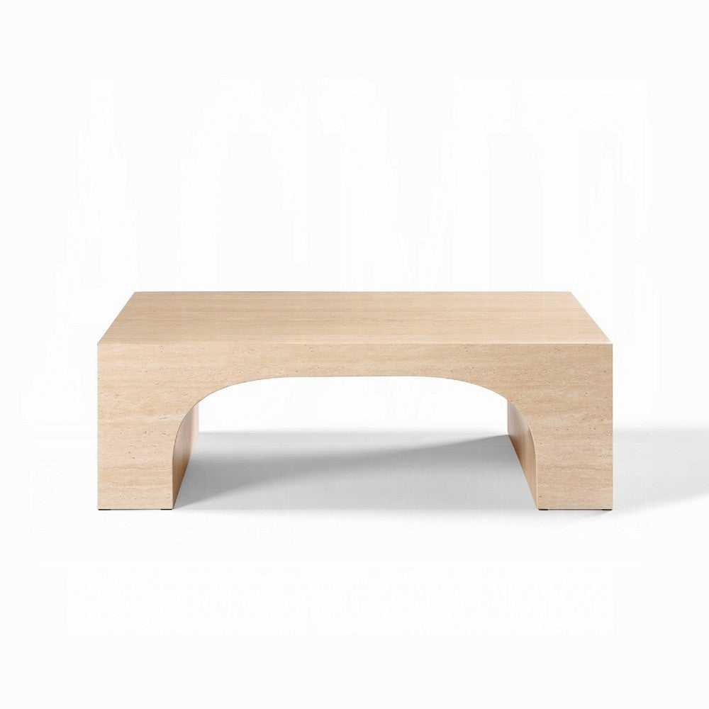 Pia Coffee Table, 48 Inch Scandi Travertine Top, Natural Brown Arch Base - BM351805