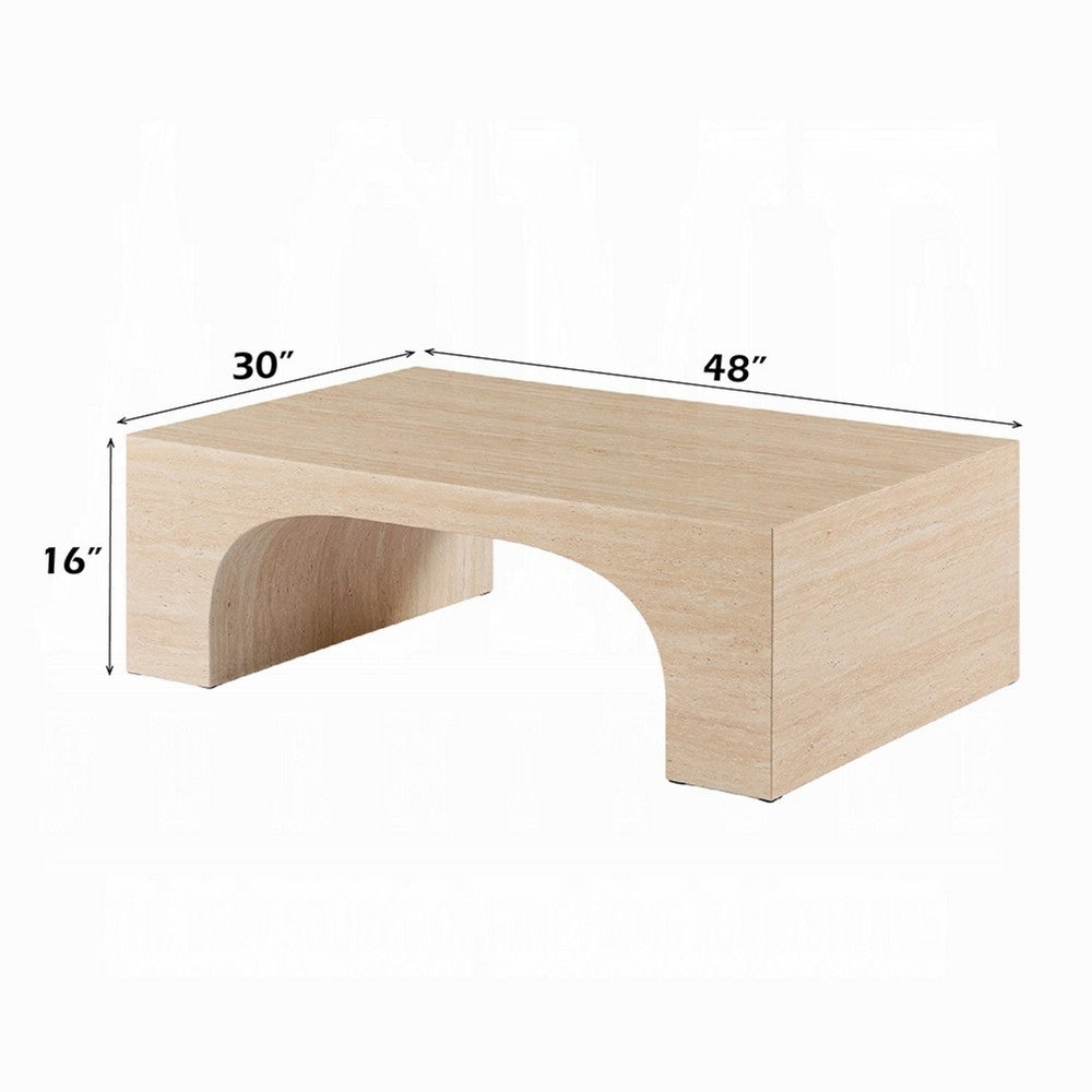Pia Coffee Table, 48 Inch Scandi Travertine Top, Natural Brown Arch Base - BM351805