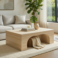 Pia Coffee Table, 48 Inch Scandi Travertine Top, Natural Brown Arch Base - BM351805