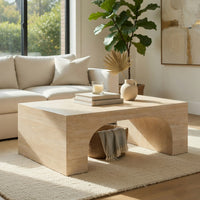 Pia Coffee Table, 48 Inch Scandi Travertine Top, Natural Brown Arch Base - BM351805