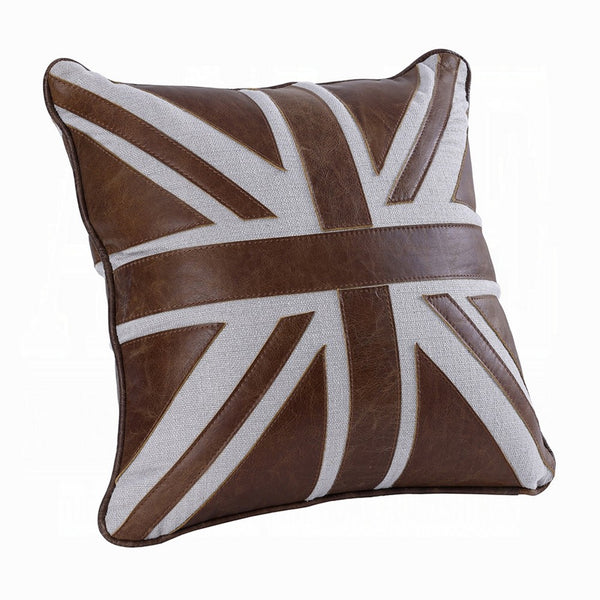 Bran Accent Pillow Set of 2, Union Jack Brown Top Grain Leather 20 Inch - BM351811
