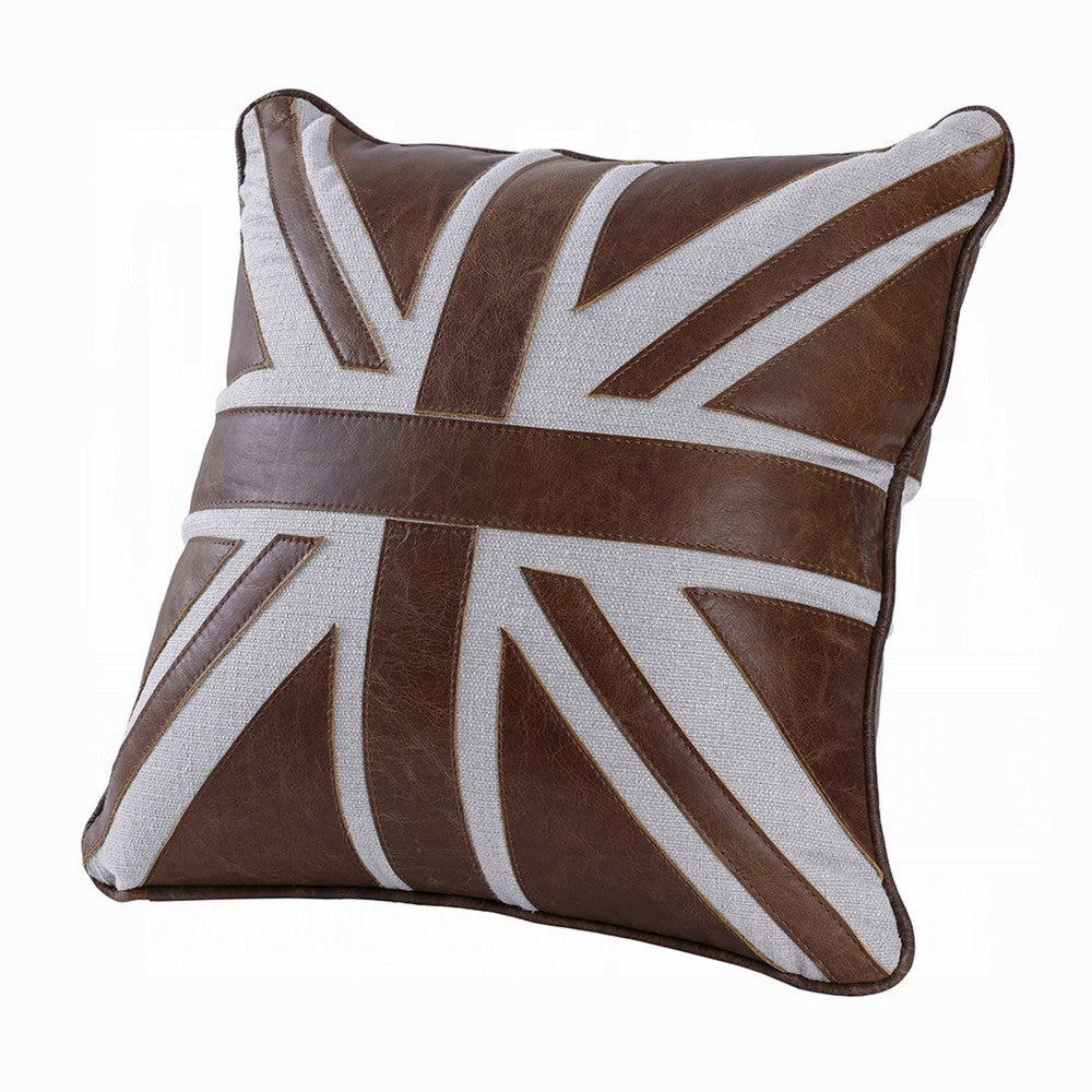 Bran Accent Pillow Set of 2, Union Jack Brown Top Grain Leather 20 Inch - BM351811