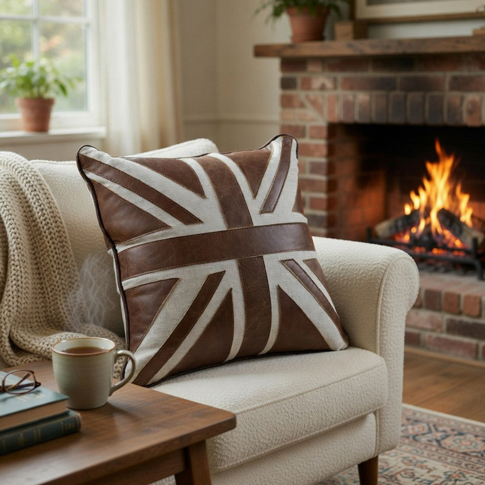 Bran Accent Pillow Set of 2, Union Jack Brown Top Grain Leather 20 Inch - BM351811