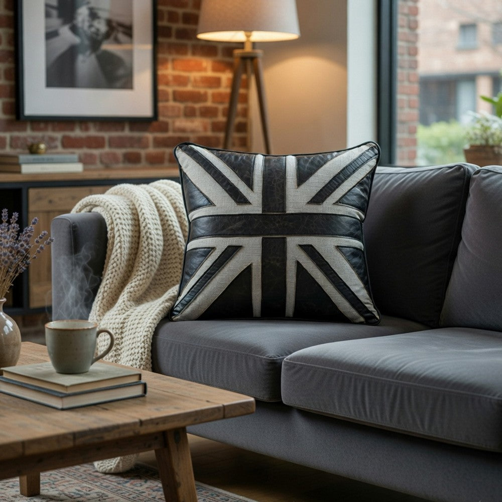 Bran Accent Pillow Set of 2, Union Jack Black Top Grain Leather 20 Inch - BM351812