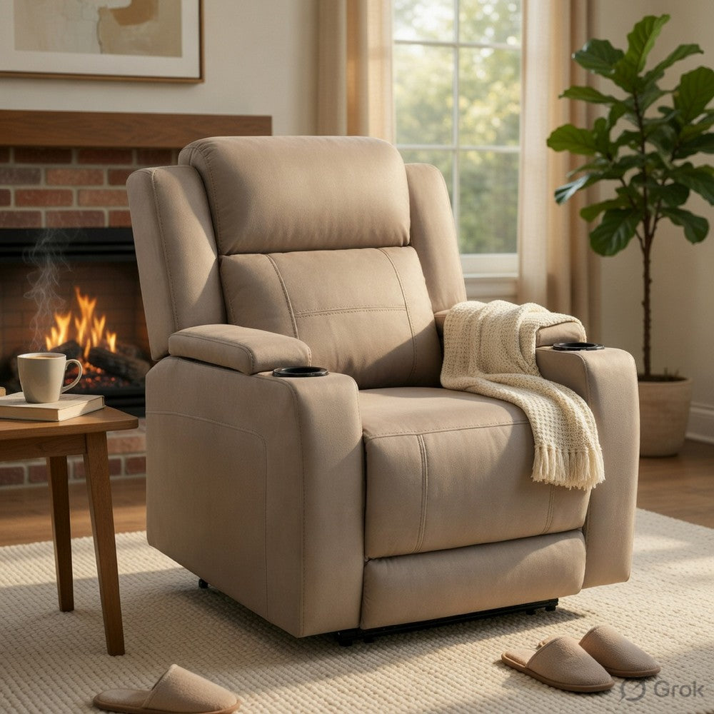 Jeja Power Motion Recliner Chair with Storage, Gray Faux Camel Leather - BM351817