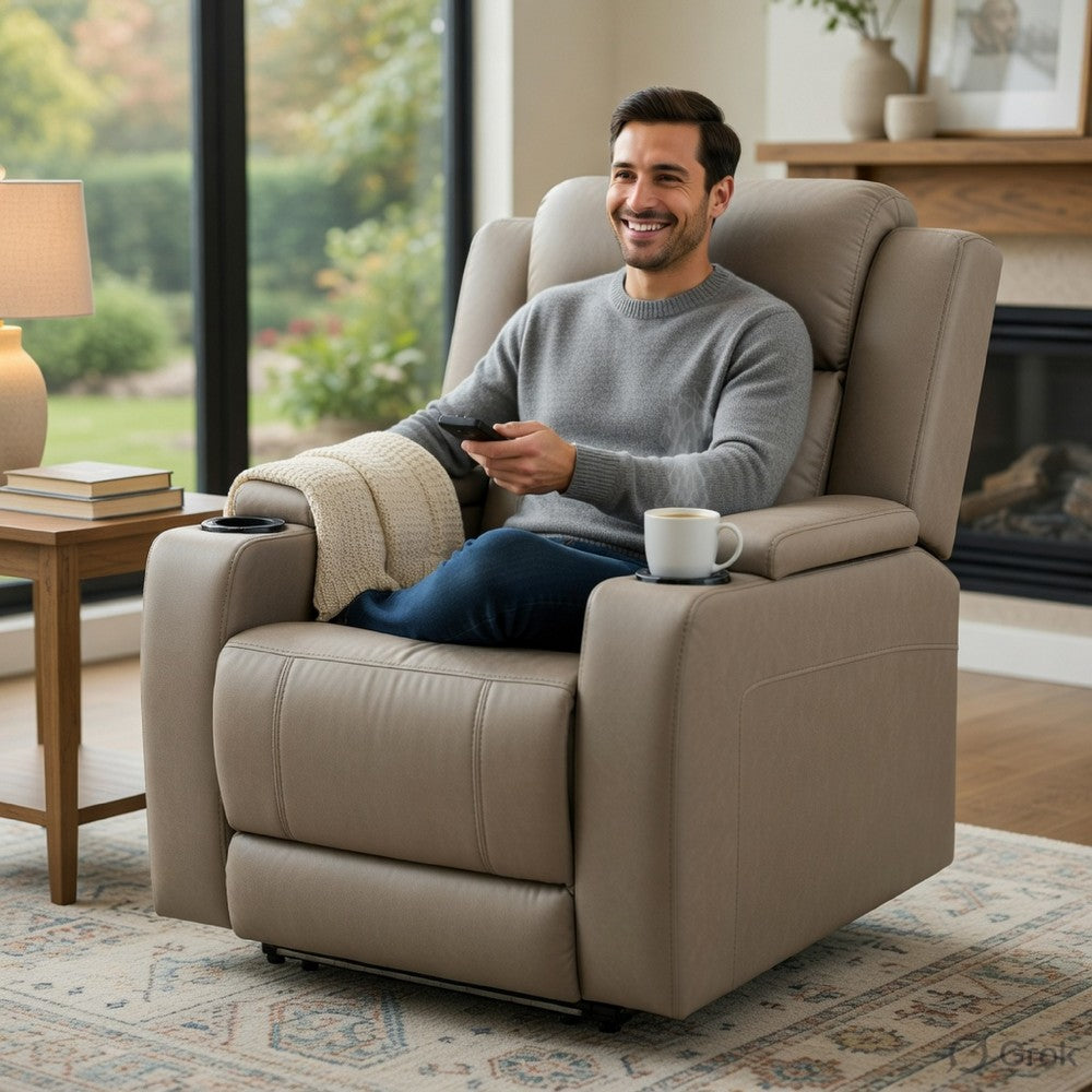 Jeja Power Motion Recliner Chair with Storage, Gray Faux Camel Leather - BM351817