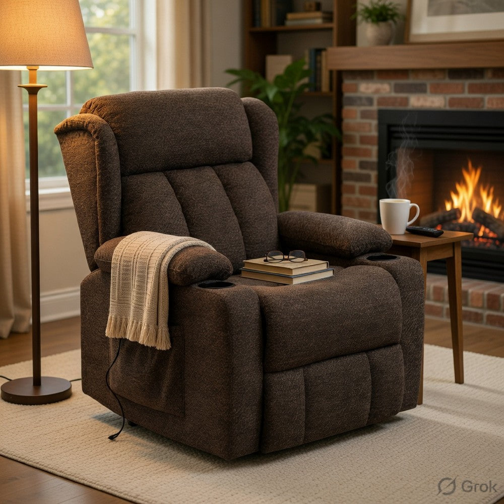 Leu Power Motion Recliner Chair with Stand Lift, Tufted Brown Linen - BM351818