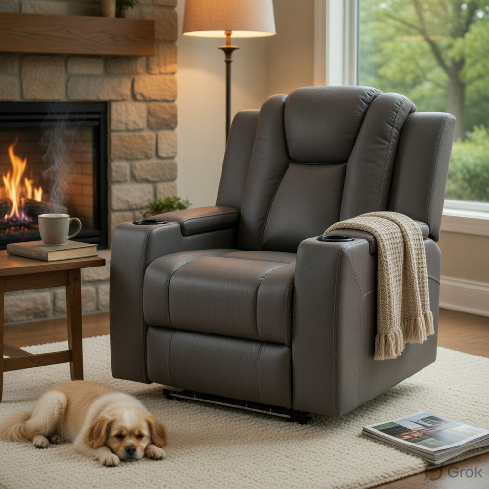 Jeju Power Motion Recliner with Power Headrest and LED, Gray Faux Leather - BM351819
