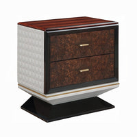 Soen Nightstand, 2 Drawers, Quilted Beige Linen, Brown Pedestal Base - BM351820