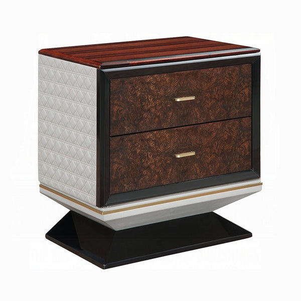 Soen Nightstand, 2 Drawers, Quilted Beige Linen, Brown Pedestal Base - BM351820