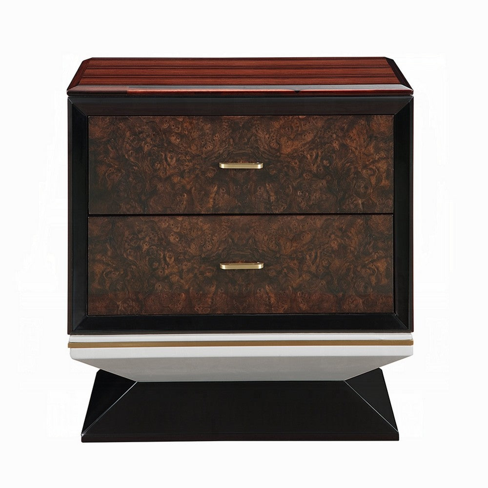Soen Nightstand, 2 Drawers, Quilted Beige Linen, Brown Pedestal Base - BM351820