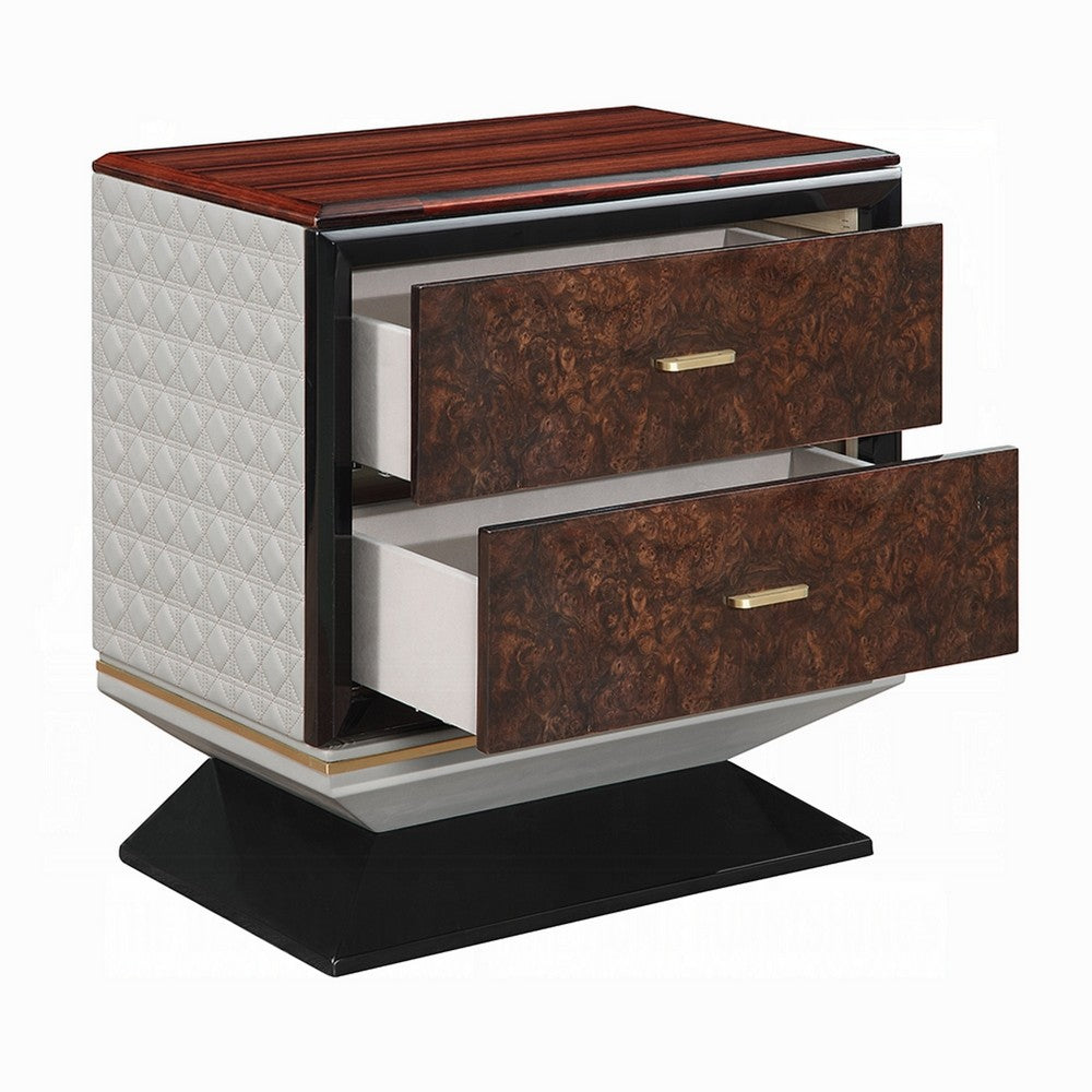 Soen Nightstand, 2 Drawers, Quilted Beige Linen, Brown Pedestal Base - BM351820