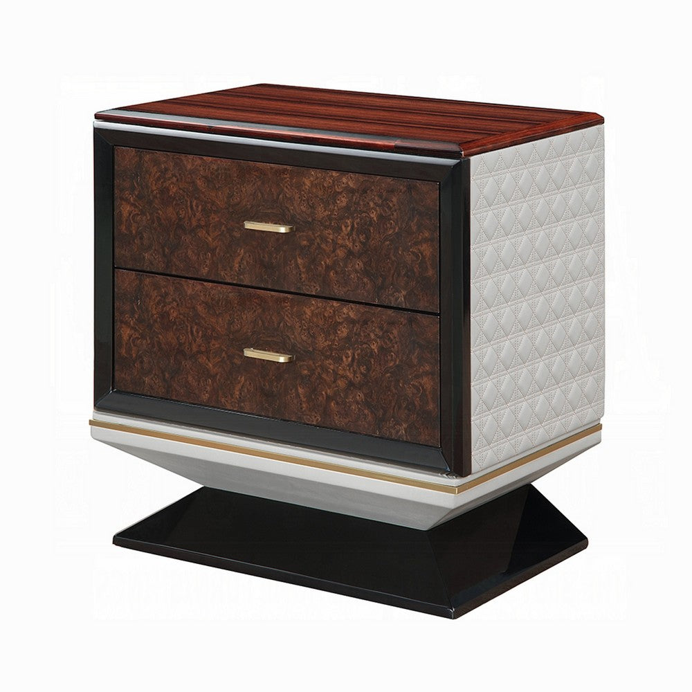 Soen Nightstand, 2 Drawers, Quilted Beige Linen, Brown Pedestal Base - BM351820