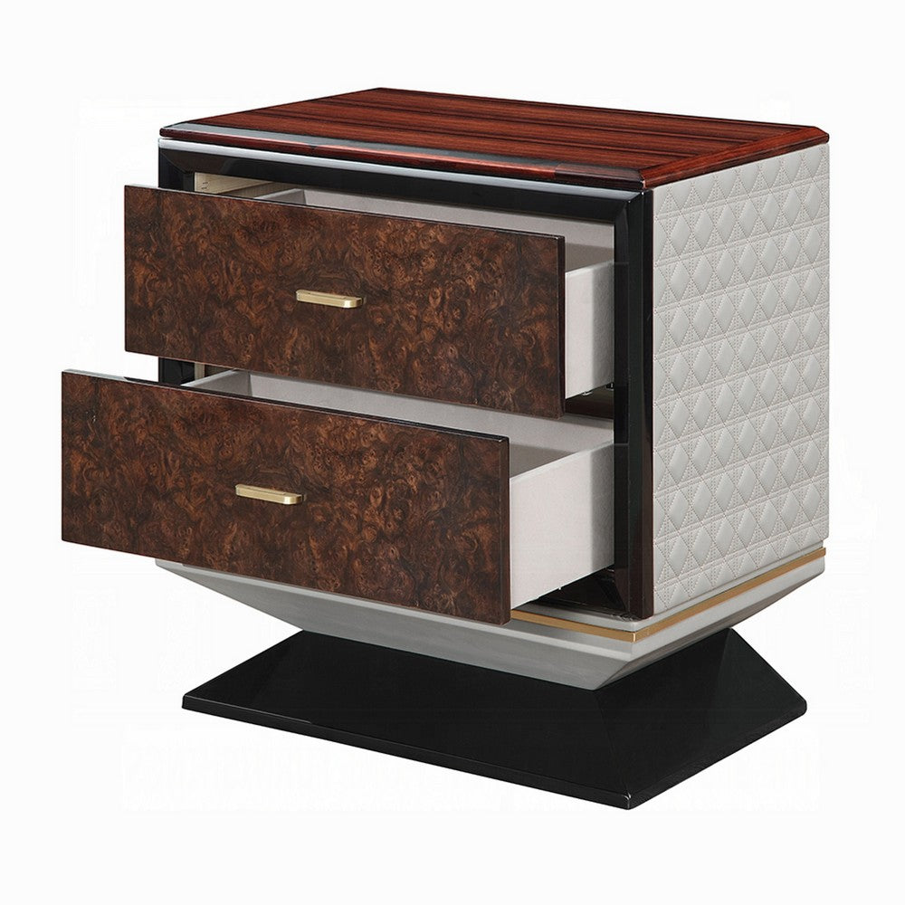 Soen Nightstand, 2 Drawers, Quilted Beige Linen, Brown Pedestal Base - BM351820