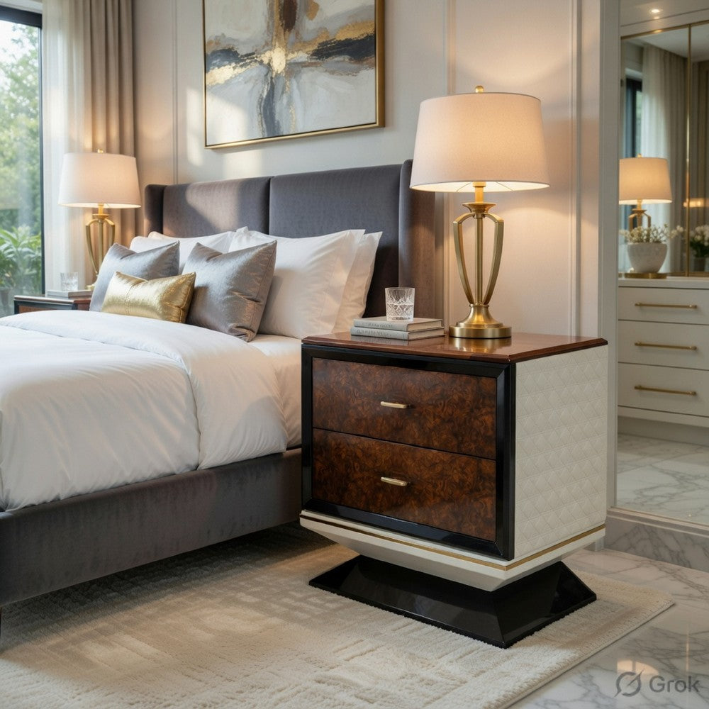 Soen Nightstand, 2 Drawers, Quilted Beige Linen, Brown Pedestal Base - BM351820