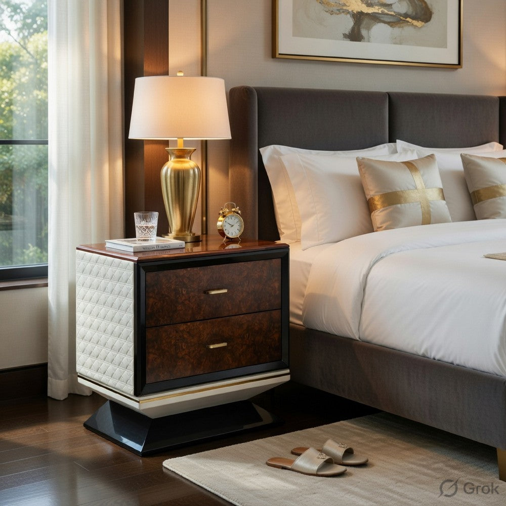 Soen Nightstand, 2 Drawers, Quilted Beige Linen, Brown Pedestal Base - BM351820
