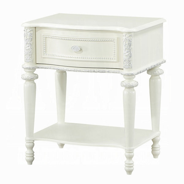 Dorie Nightstand, Drawer & Shelf, Egg Molded Trim, Floral Carved Ivory Wood - BM351822