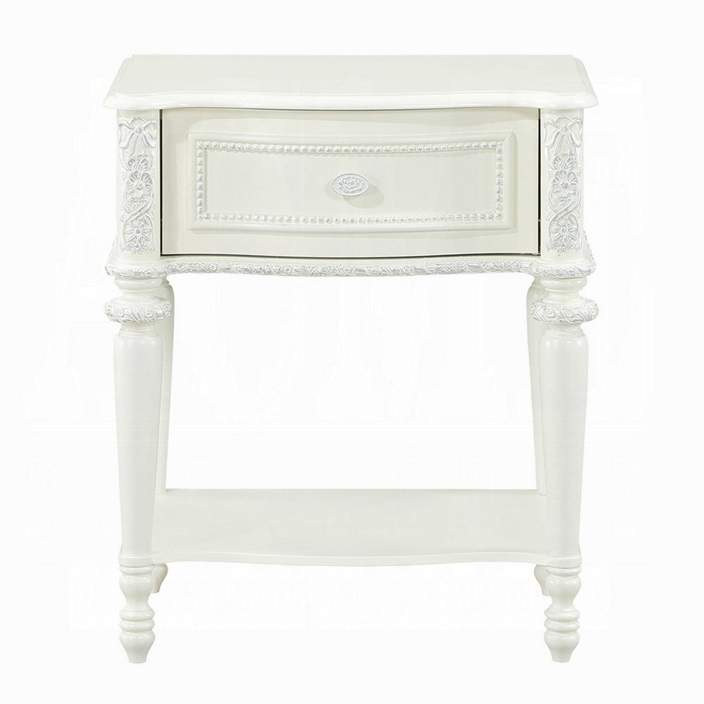 Dorie Nightstand, Drawer & Shelf, Egg Molded Trim, Floral Carved Ivory Wood - BM351822