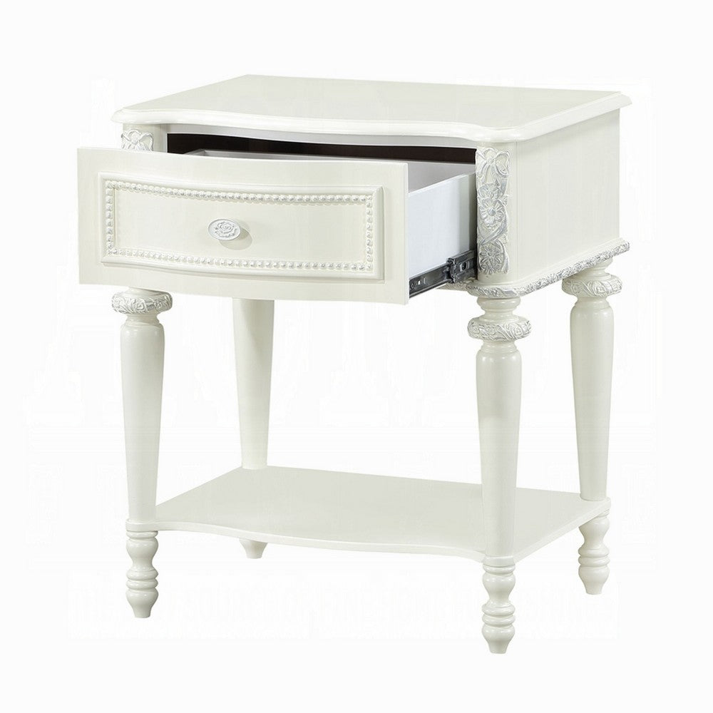 Dorie Nightstand, Drawer & Shelf, Egg Molded Trim, Floral Carved Ivory Wood - BM351822