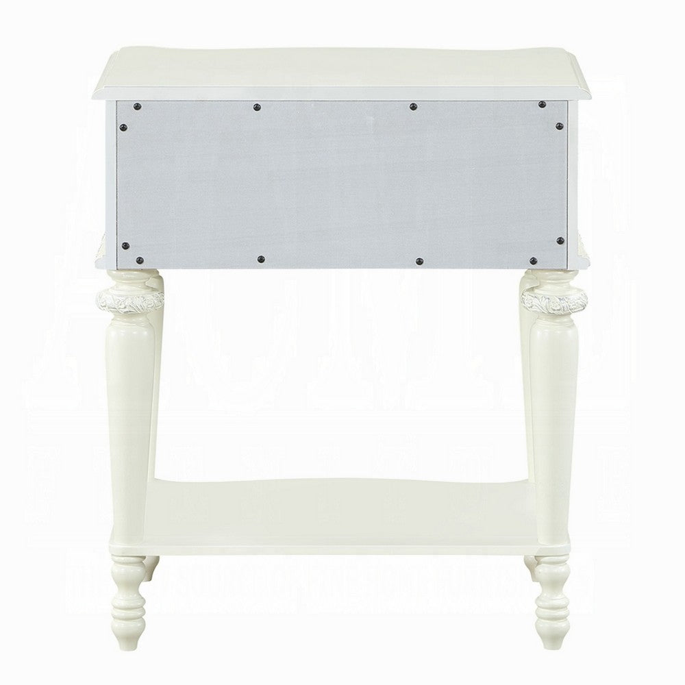 Dorie Nightstand, Drawer & Shelf, Egg Molded Trim, Floral Carved Ivory Wood - BM351822
