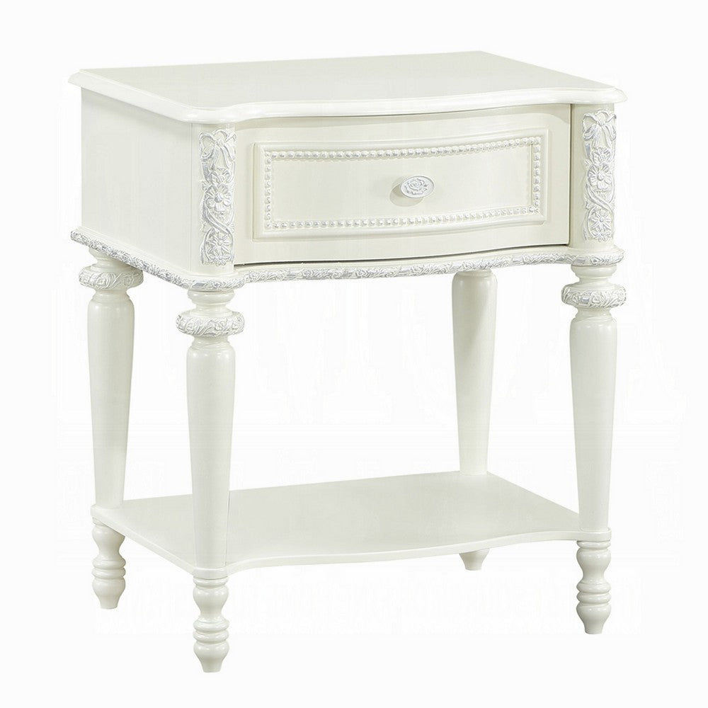 Dorie Nightstand, Drawer & Shelf, Egg Molded Trim, Floral Carved Ivory Wood - BM351822