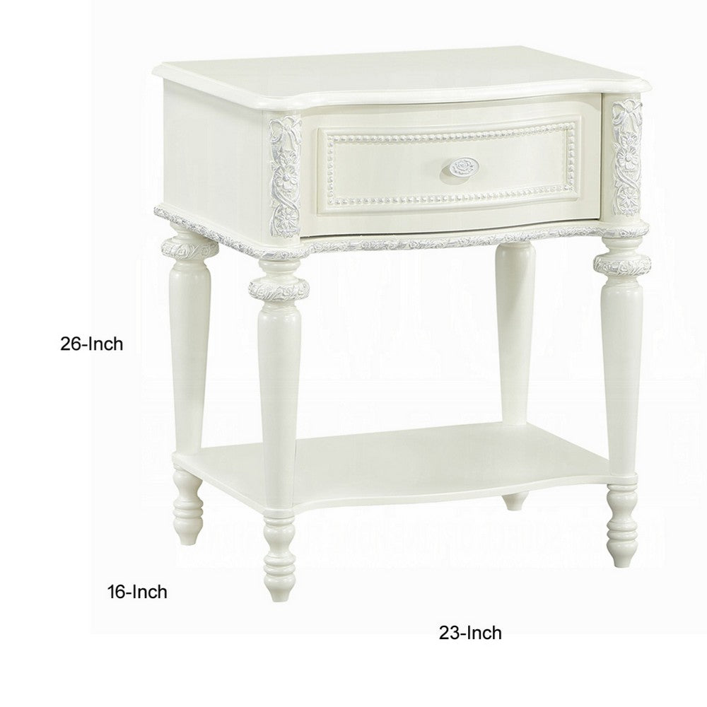 Dorie Nightstand, Drawer & Shelf, Egg Molded Trim, Floral Carved Ivory Wood - BM351822