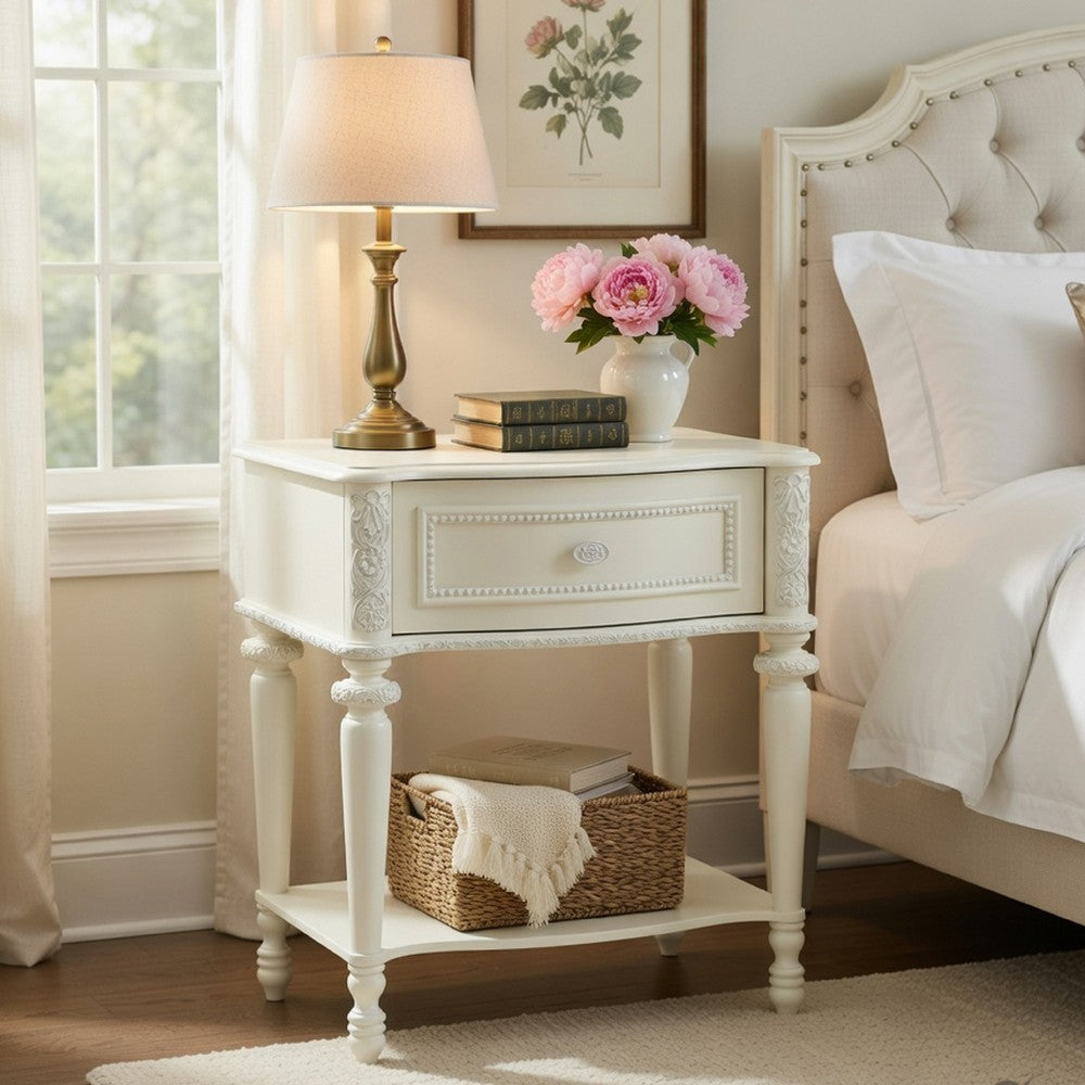 Dorie Nightstand, Drawer & Shelf, Egg Molded Trim, Floral Carved Ivory Wood - BM351822