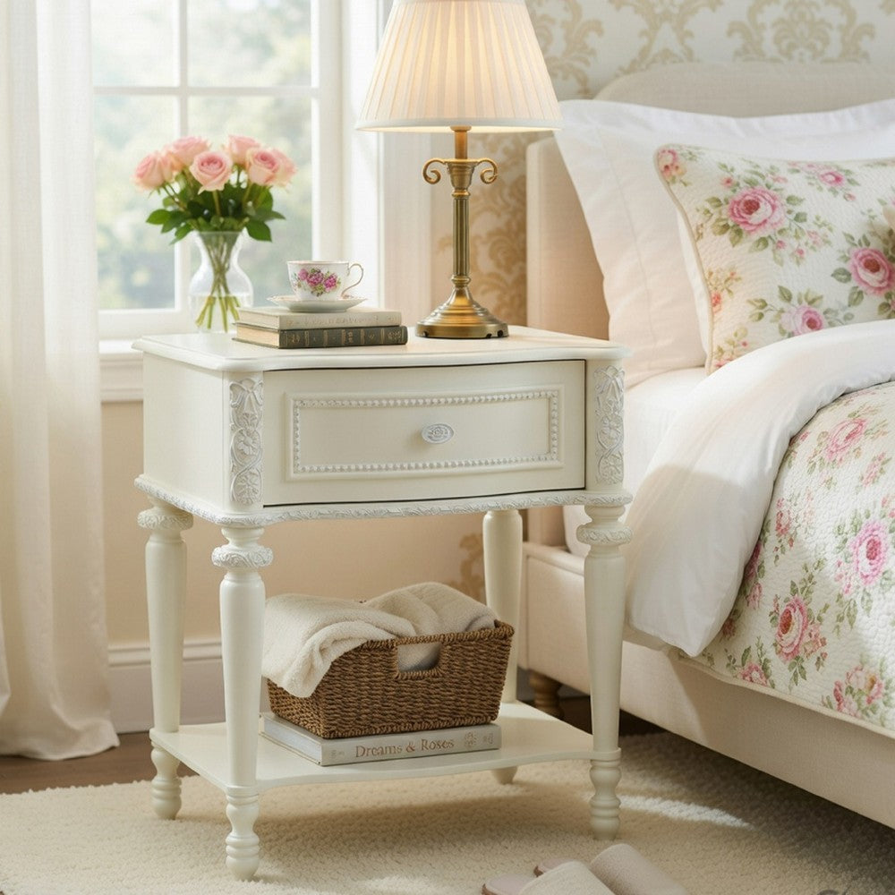 Dorie Nightstand, Drawer & Shelf, Egg Molded Trim, Floral Carved Ivory Wood - BM351822