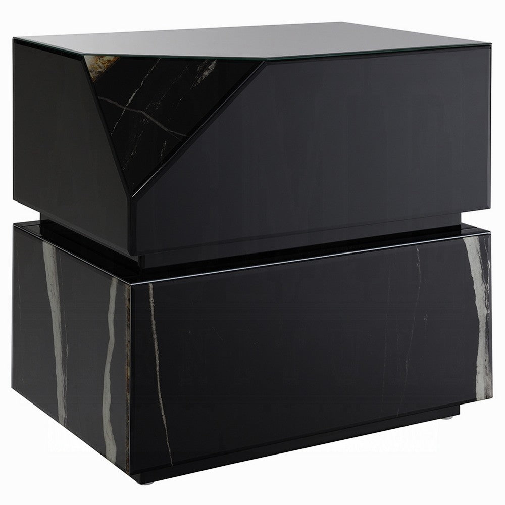 Ishi Side End Table, Faceted Marble Grain, Black Mirrored Glass 24 Inch - BM351826