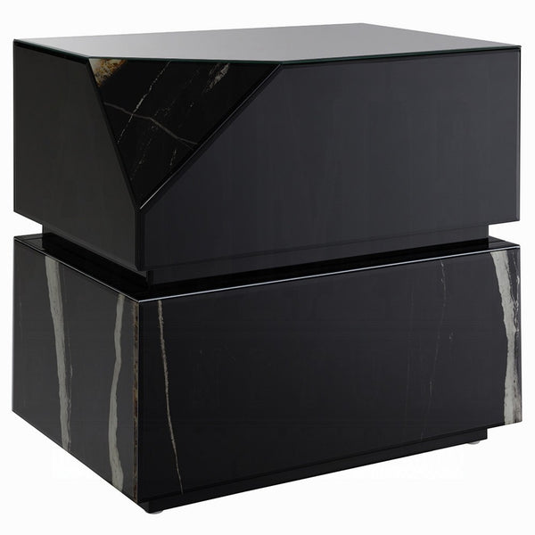 Ishi Side End Table, Faceted Marble Grain, Black Mirrored Glass 24 Inch - BM351826
