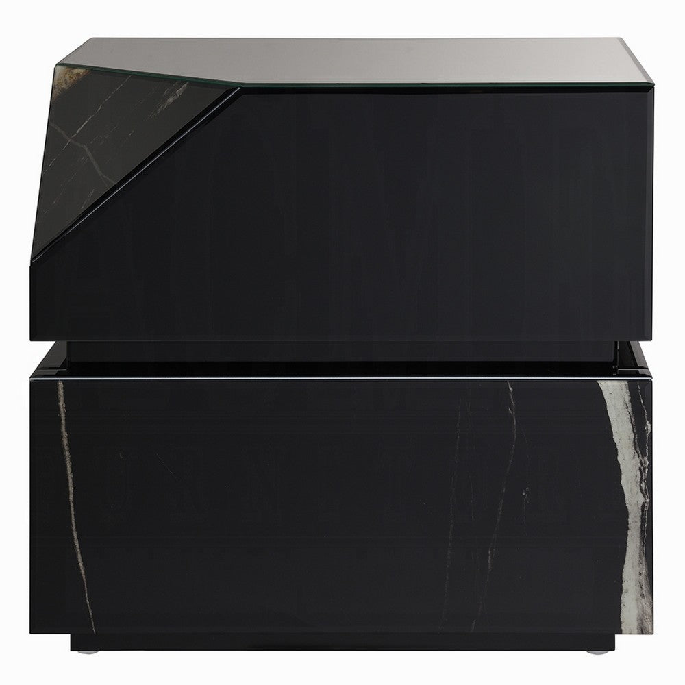 Ishi Side End Table, Faceted Marble Grain, Black Mirrored Glass 24 Inch - BM351826