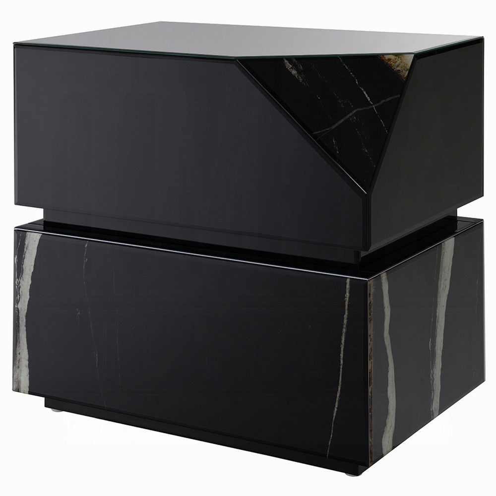 Ishi Side End Table, Faceted Marble Grain, Black Mirrored Glass 24 Inch - BM351826