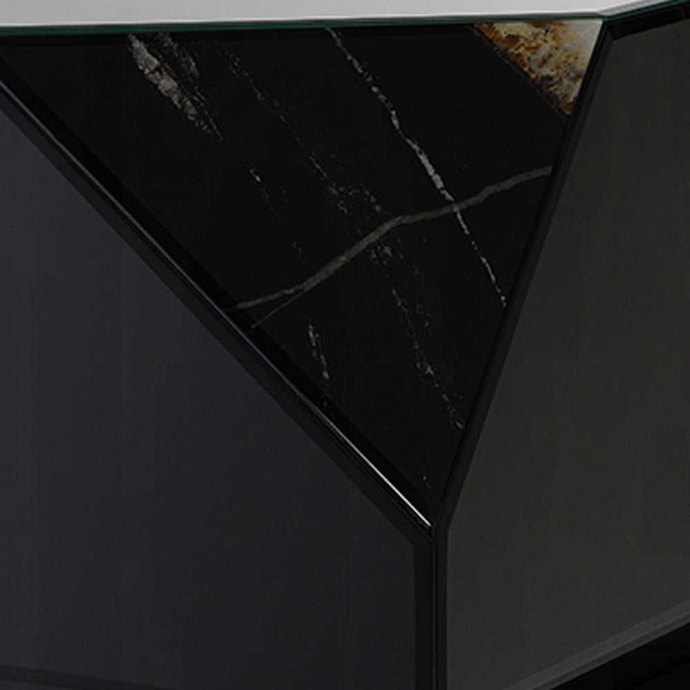 Ishi Side End Table, Faceted Marble Grain, Black Mirrored Glass 24 Inch - BM351826