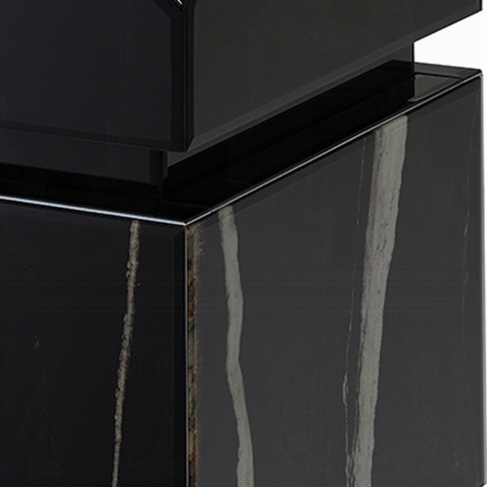 Ishi Side End Table, Faceted Marble Grain, Black Mirrored Glass 24 Inch - BM351826