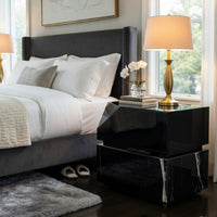 Ishi Side End Table, Faceted Marble Grain, Black Mirrored Glass 24 Inch - BM351826