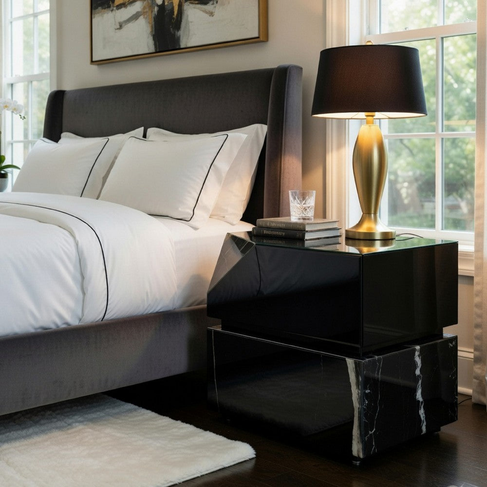 Ishi Side End Table, Faceted Marble Grain, Black Mirrored Glass 24 Inch - BM351826